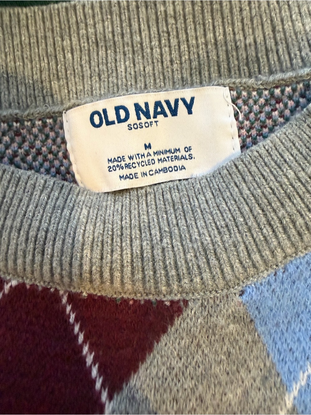 Old Navy Argyle Crewneck Sweater Size M Women’s Green Pink Blue Heather Gray - Picture 3 of 3